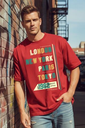 Men's Cities names Red Oversized T- Shirt